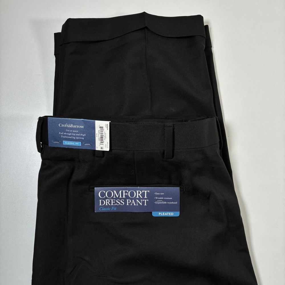 NEW Croft & Barrow Dress Pants 44x32 Black Pleated Classic Cuffed Viscose